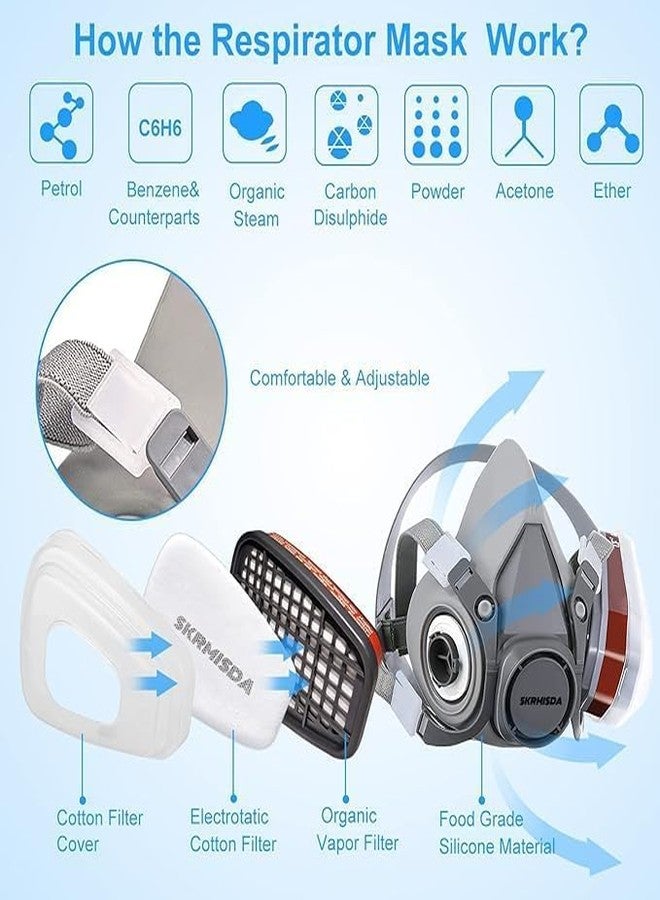 POXEFLIP Cartridges Half Face Mask With 6200 Filter Respirator Face Cover With Reusable Professional Breathing Protection & Adjustable Comfort Strap (With Goggles) - Image 4